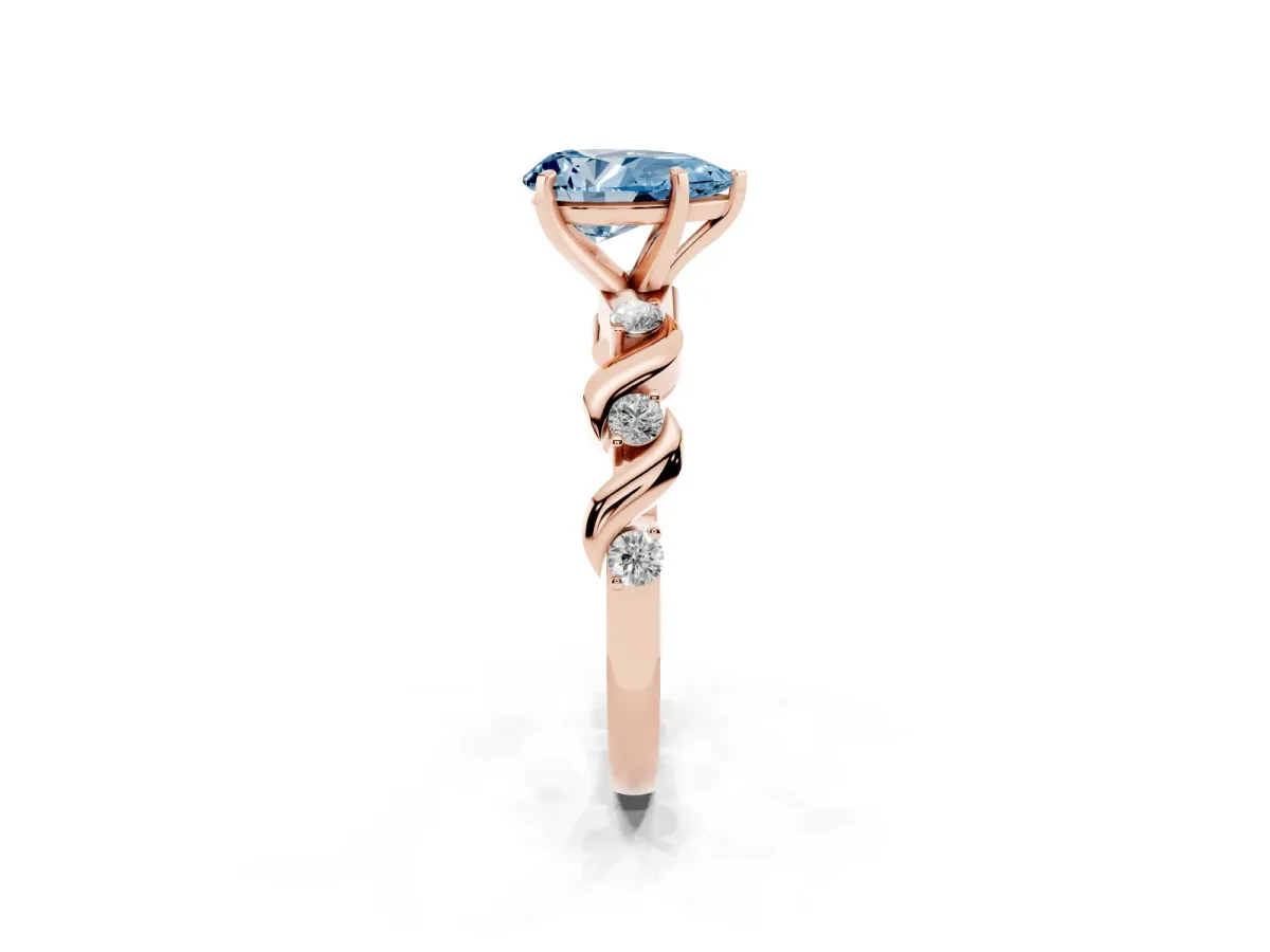Fancy Blue Pear Cut Diamond Solitaire Twisted Band with Round Accents and Prong Setting Rose gold