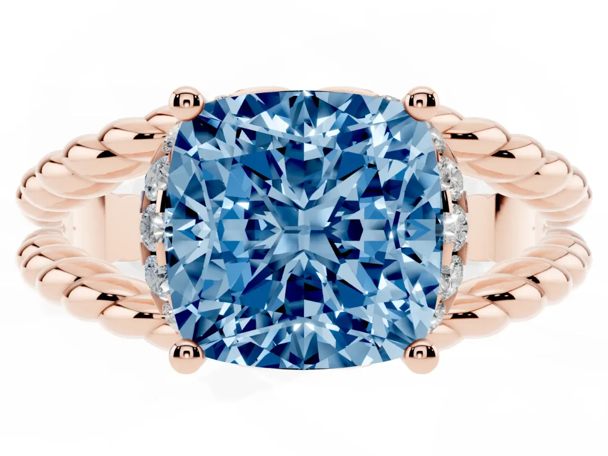 Fancy Blue Cushion Cut Halo Twisted Band Four-Prong Ring Rose gold