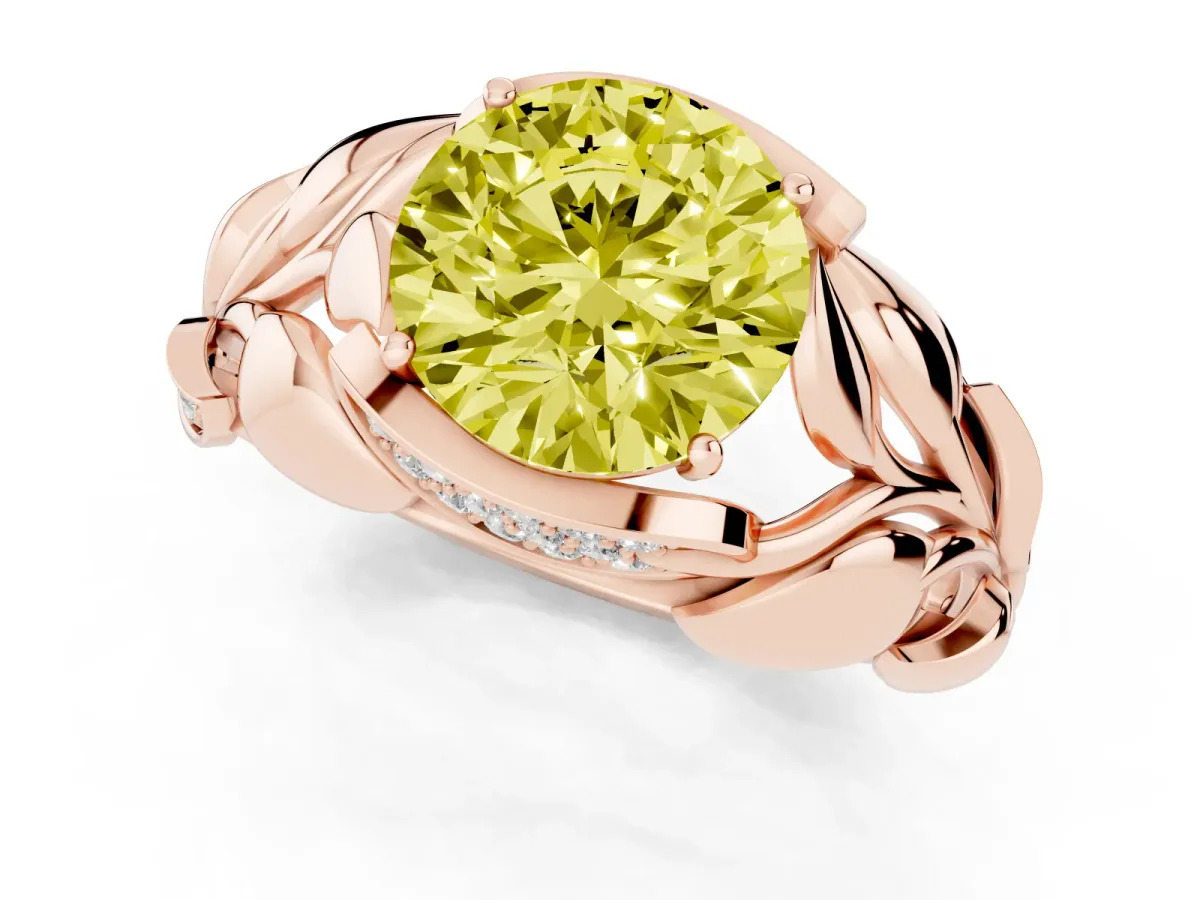 Fancy Yellow Round Cut Diamond Leaf-Inspired Engagement Ring with Round Accents and Prong Setting Rose gold