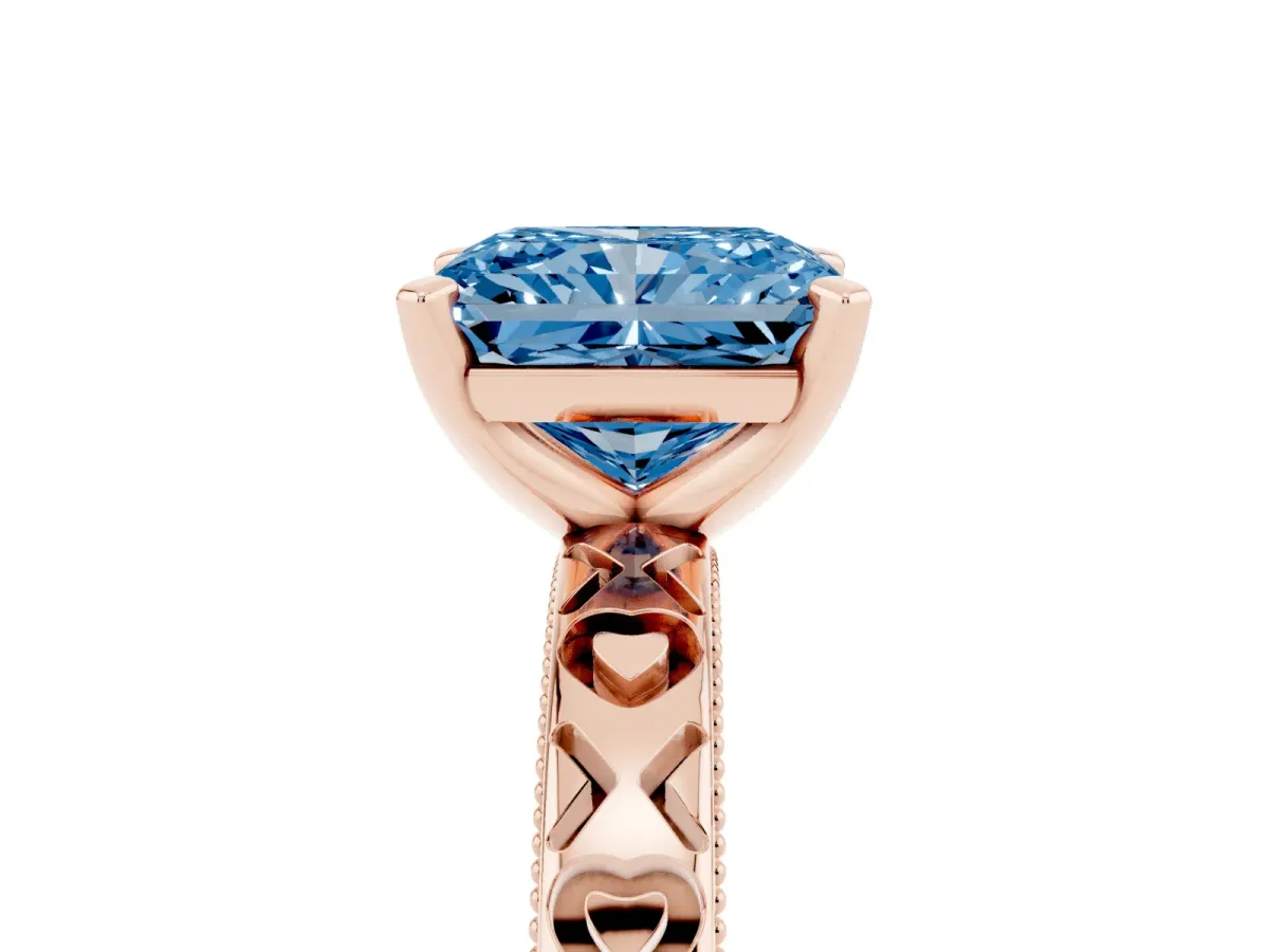 Fancy Blue Radiant Cut Solitaire Diamond Engagement Ring with XO Engraved Band and Four-Prong Setting Rose gold