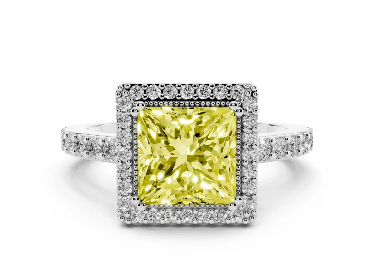 Fancy Yellow Princess Cut Cut Diamond Halo Engagement Ring with Milgrain Detail and Pavé Band Silver