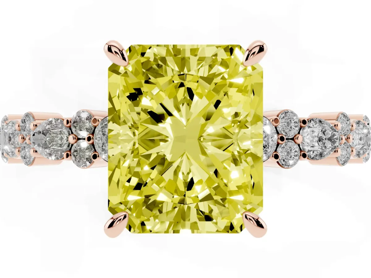 Fancy Yellow Radiant Cut Diamond Side Stone Solitaire Ring with Round and Four-Prong Setting Rose gold