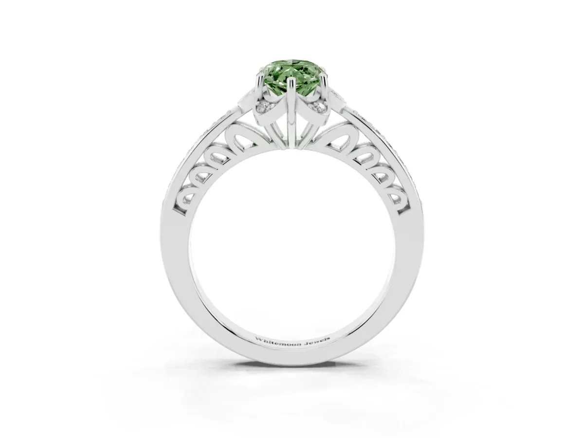 Fancy Green Marquise Cut Cut Halo Diamond Ring with Channel Set Band and Four-Prong Setting Silver