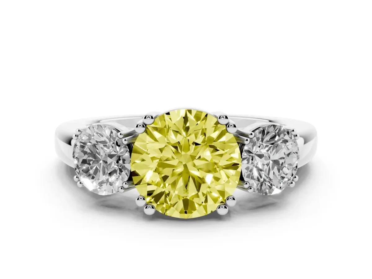 Fancy Yellow Three-Stone Round Cut Cut Diamond Ring with Channel Set Band and Four-Prong Setting Platinum