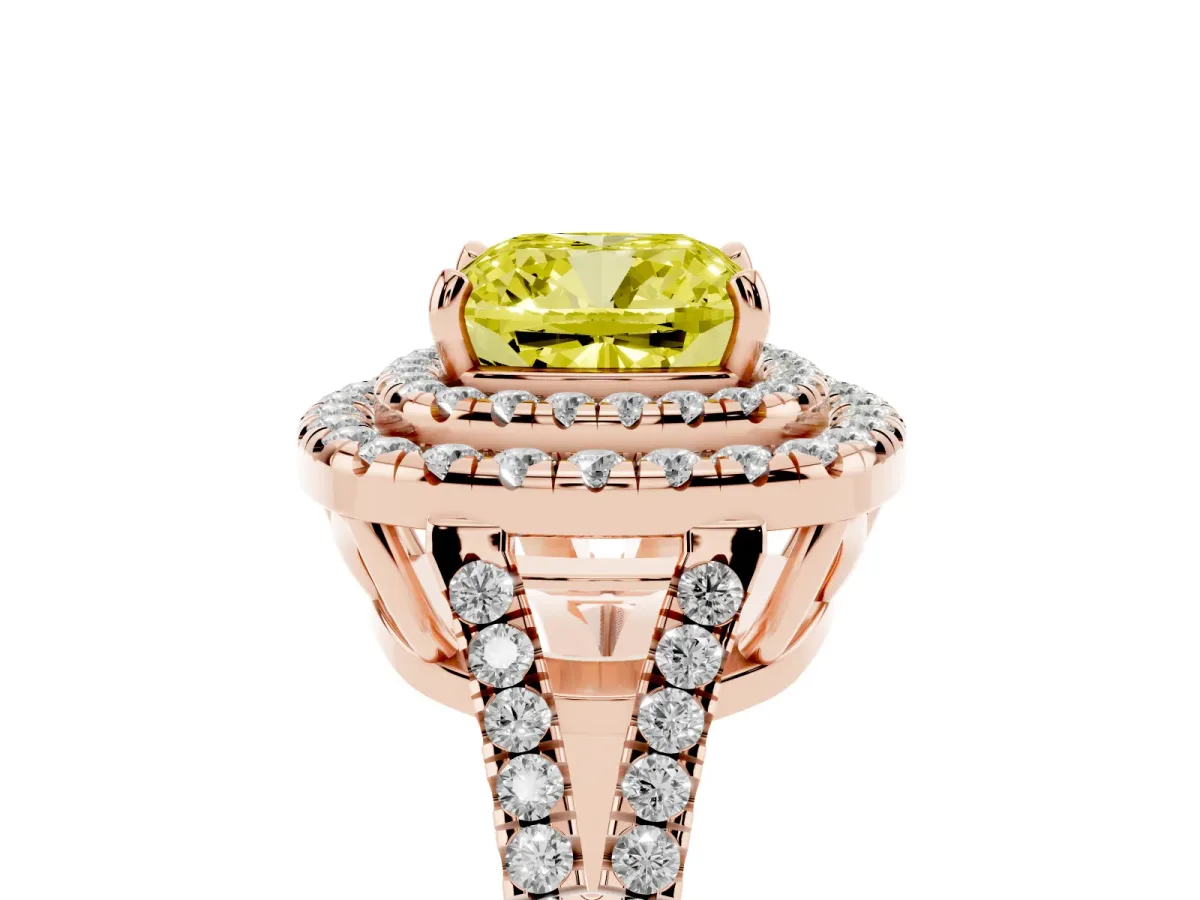 Fancy Yellow Cushion Cut Diamond Double Halo Ring with Pavé Band and Prong Setting Rose gold
