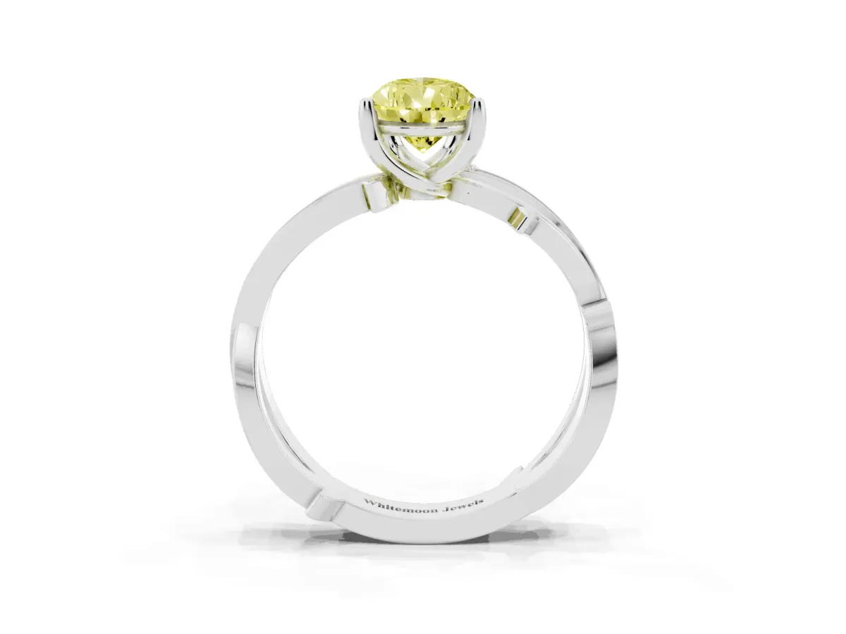 Fancy Yellow Pear Cut Solitaire Twist Band with Pavé Accents and Four-Prong Setting Platinum