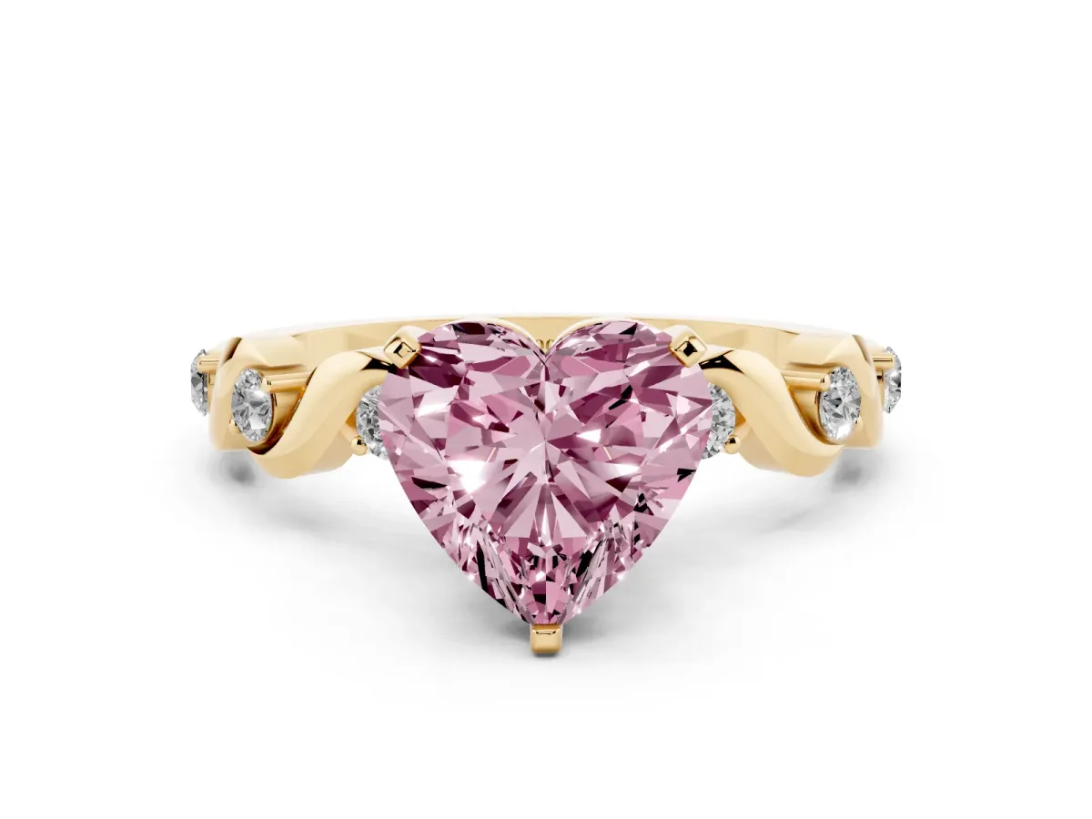 Fancy Pink Heart Cut Diamond Solitaire Twisted Band with Round Accents and Prong Setting Yellow gold
