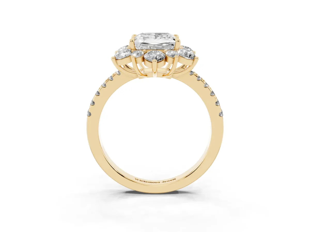 Princess Cut Diamond Floral Halo Ring with Round Pavé Band and Prong Setting Yellow gold