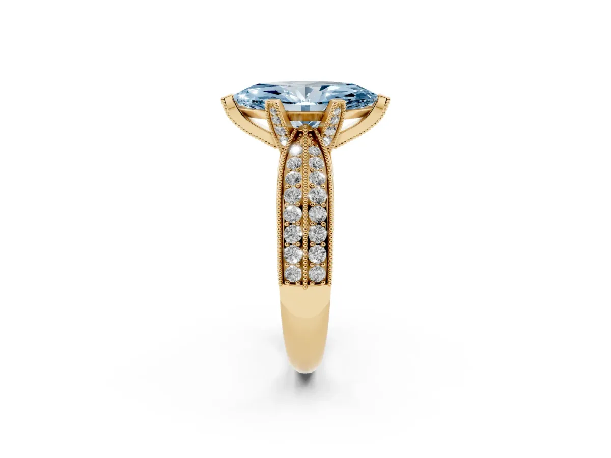 Fancy Blue Marquise Cut Diamond Solitaire Ring with Milgrain Round Pavé Band and Prong Setting Yellow gold