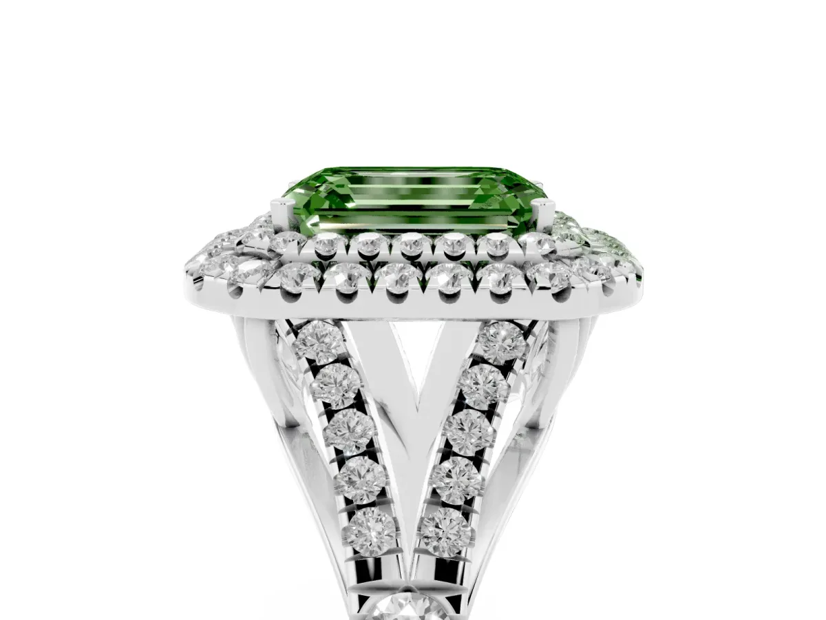 Fancy Green Emerald Cut Diamond Pavé Split Shank Double Halo Engagement Ring Silver