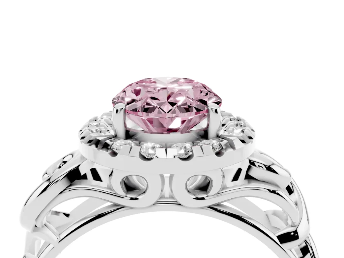 Fancy Pink Oval Cut Cut Halo Diamond Ring with Scrollwork Band and Four-Prong Setting Platinum