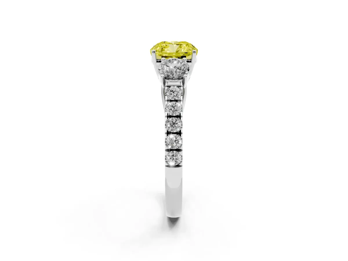 Fancy Yellow Cushion Cut Cut Diamond Three-Stone Ring with Round Side Stones and Pavé Band Silver