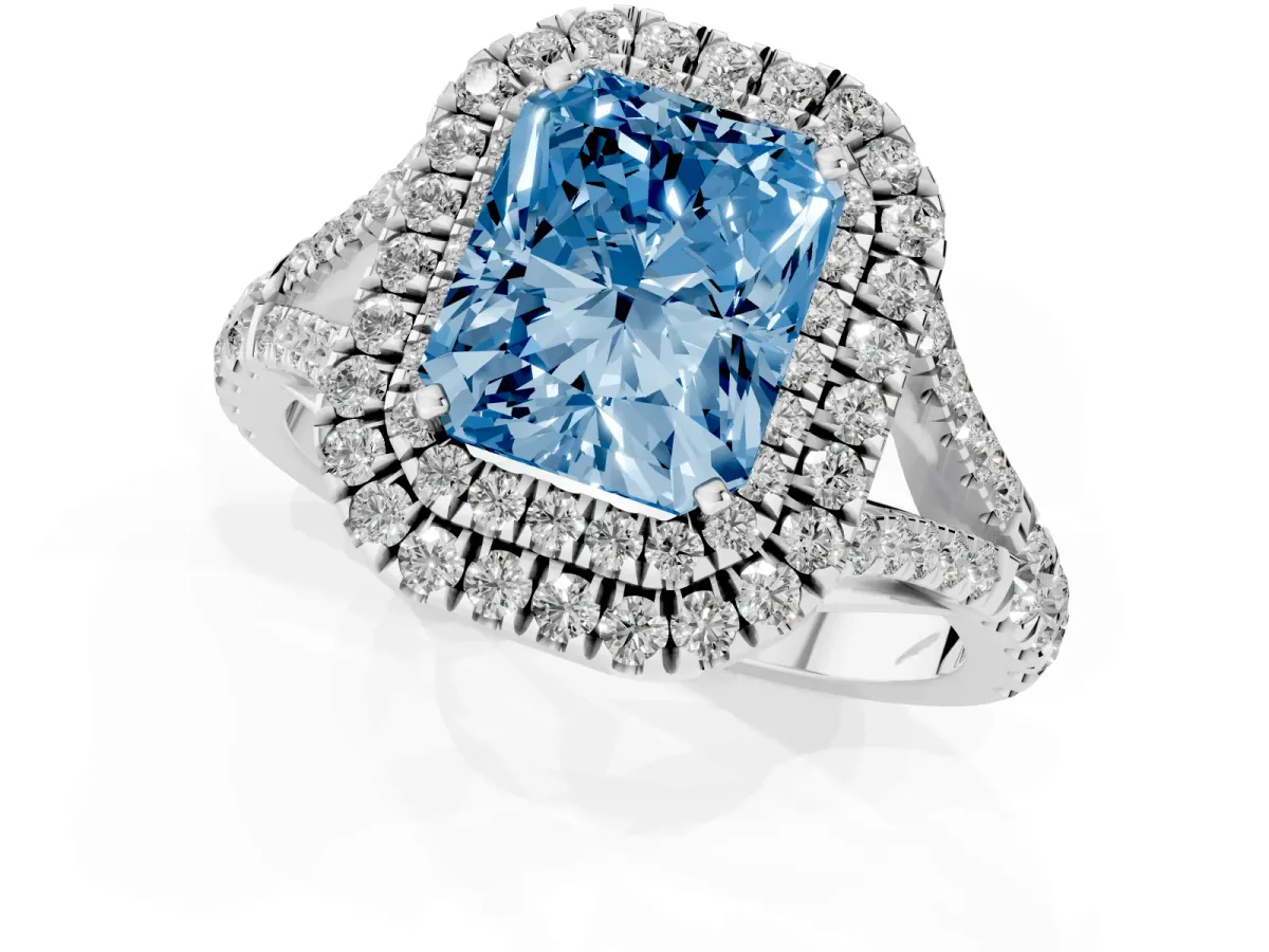Fancy Blue Radiant Cut Cut Double Halo Split Shank Diamond Ring with Prong Setting White gold