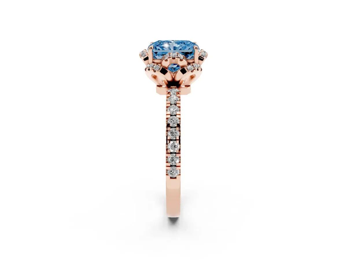 Fancy Blue Radiant Cut Halo Diamond Pave Band Ring with Four-Prong Setting Rose gold