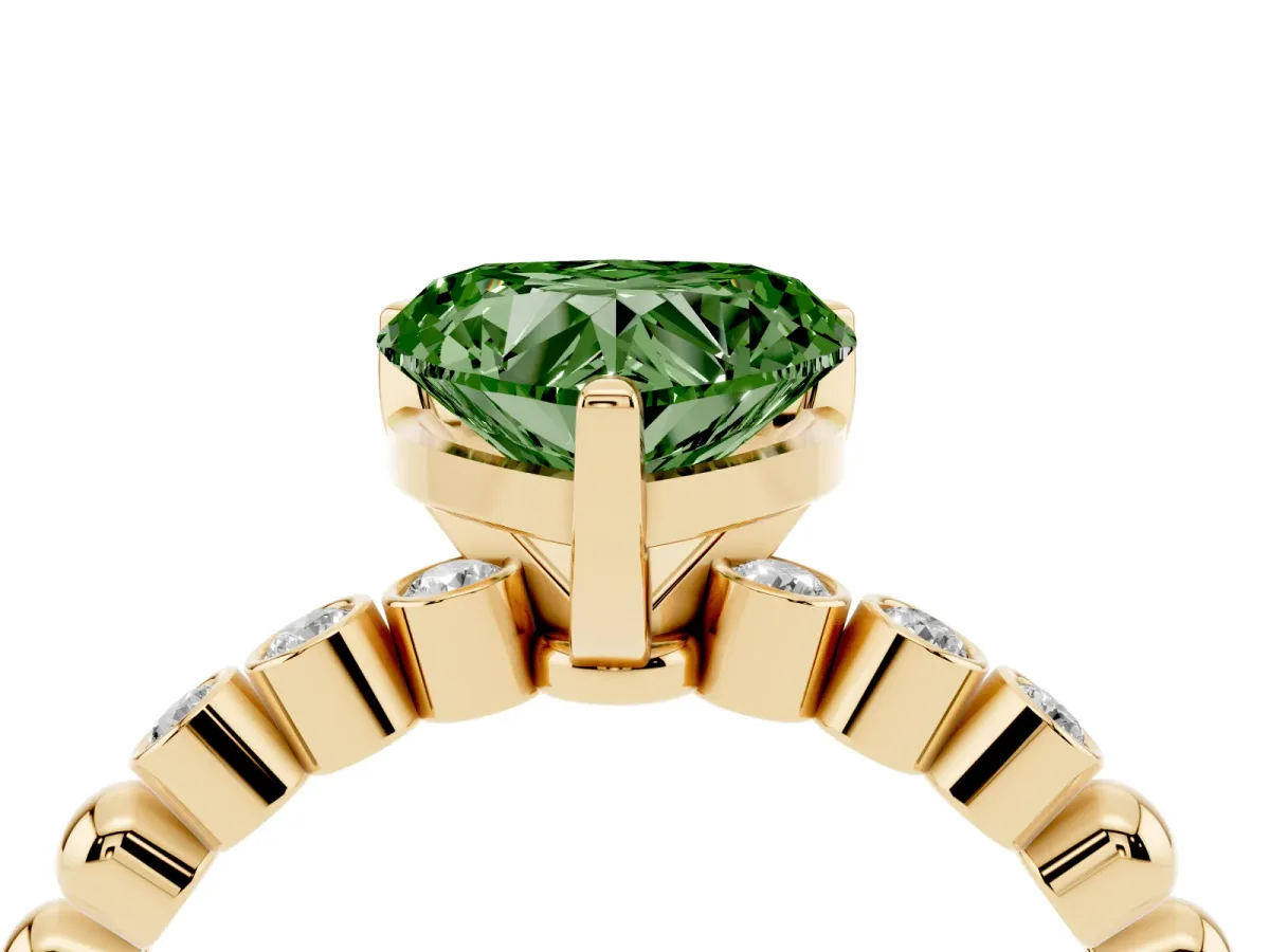 Fancy Green Heart Cut Solitaire Bezel Accent Diamond Engagement Ring with Beaded Band and Four-Prong Setting Yellow gold