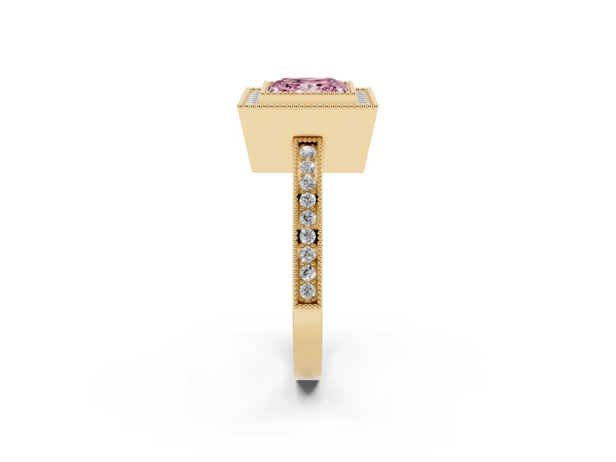 Fancy Pink Princess Cut Cut Halo Diamond Ring with Pavé Band and Milgrain Prong Setting Yellow gold