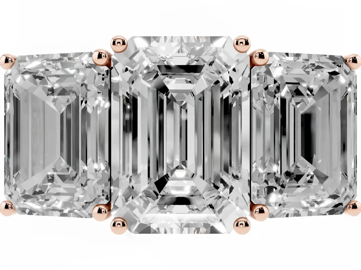 Emerald Cut Diamond Three-Stone Ring with Prong Setting and Textured Band Rose gold