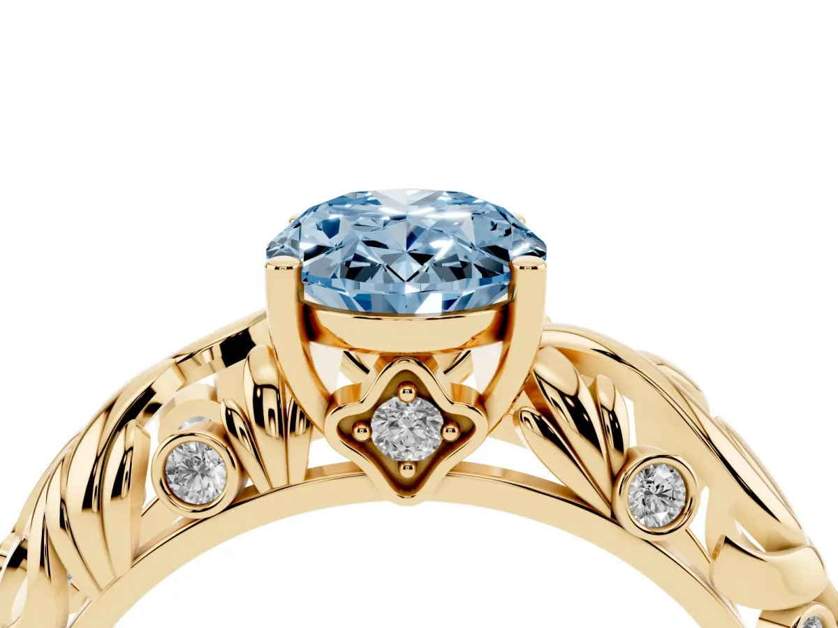 Fancy Blue Oval Cut Solitaire Diamond Leaf-Inspired Vine Band Ring with Prong Setting Yellow gold