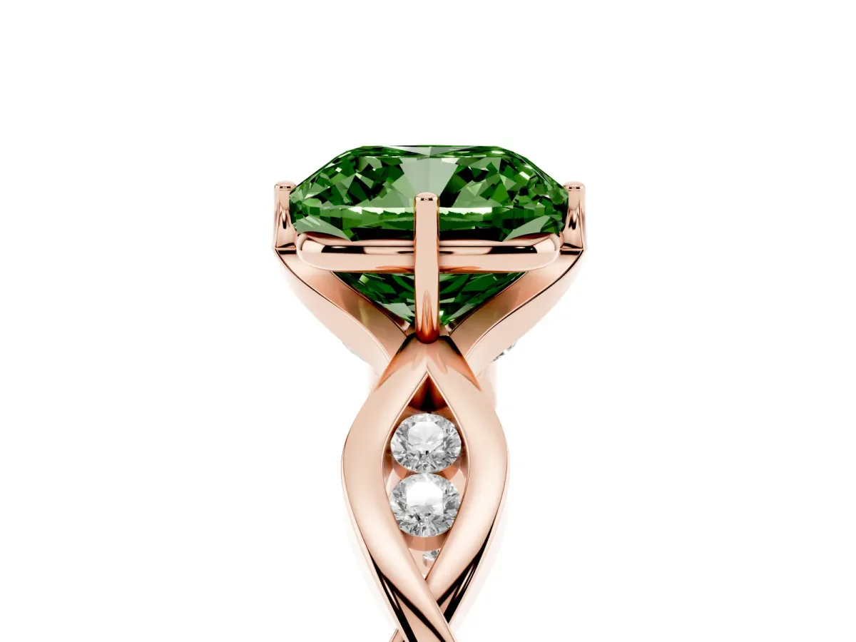 Fancy Green Cushion Cut Solitaire Twist Band with Leaf Prong Setting Rose gold