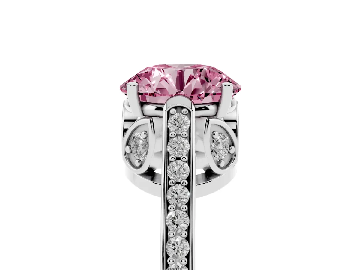 Fancy Pink Round Cut Cut Cathedral Pave Diamond Engagement Ring with Six-Prong Setting Silver