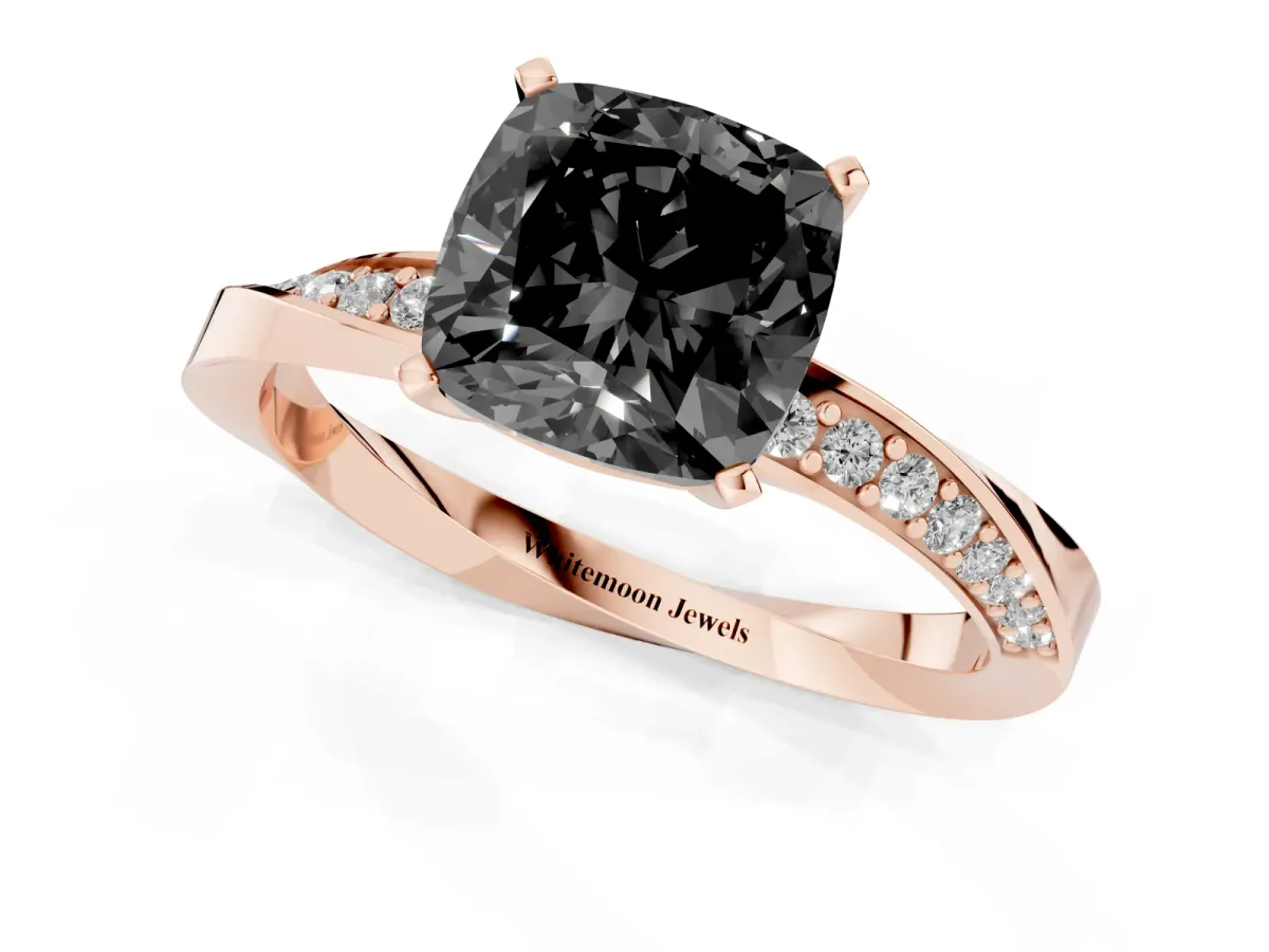 Fancy Black Cushion Cut Diamond Engagement Ring with Side Stone Accents and Four-Prong Setting Rose gold