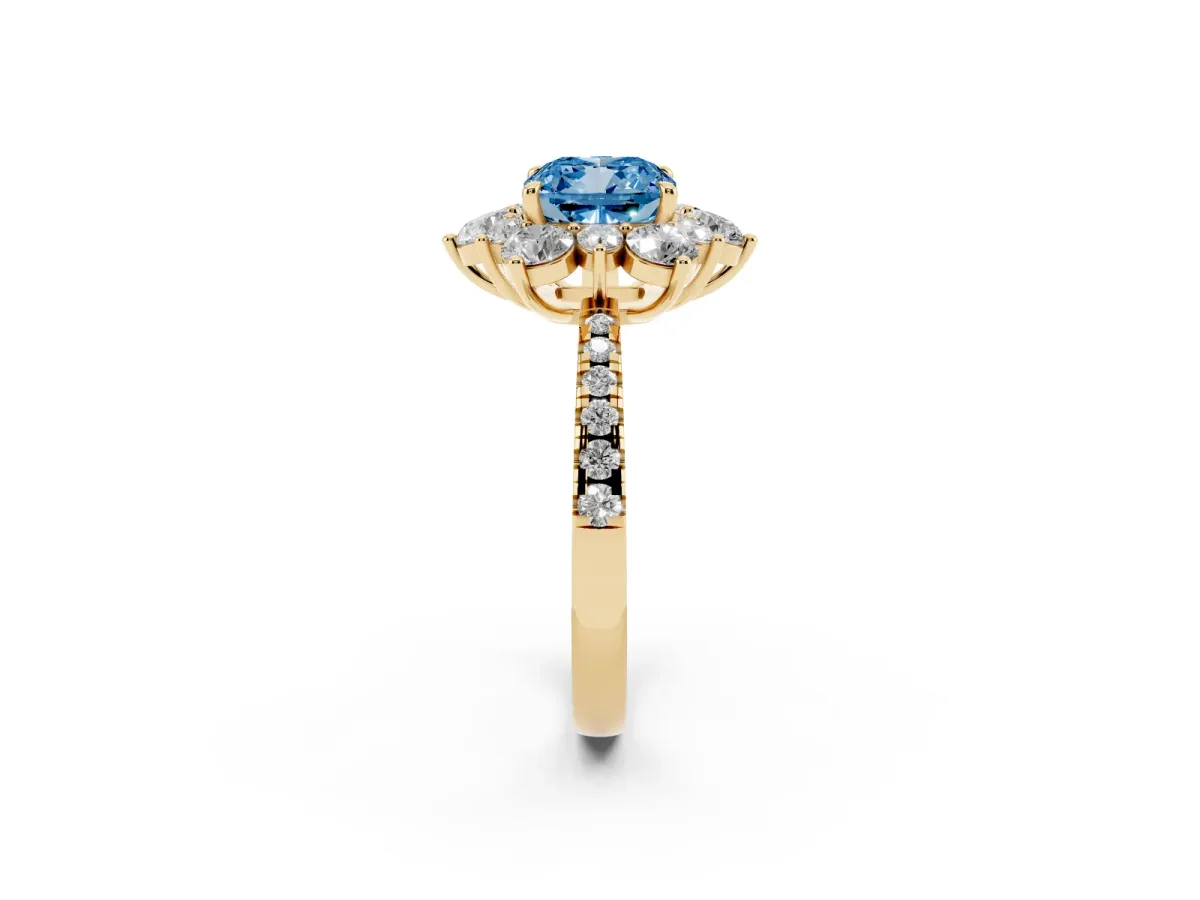 Fancy Blue Cushion Cut Diamond Floral Halo Ring with Round Pavé Band and Prong Setting Yellow gold