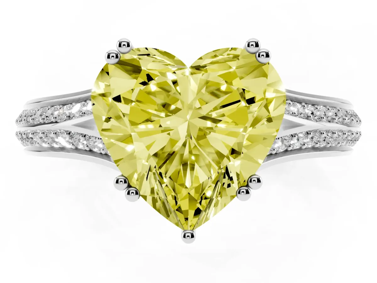 Fancy Yellow Heart Cut Diamond Split Shank Engagement Ring with Pavé Band Platinum