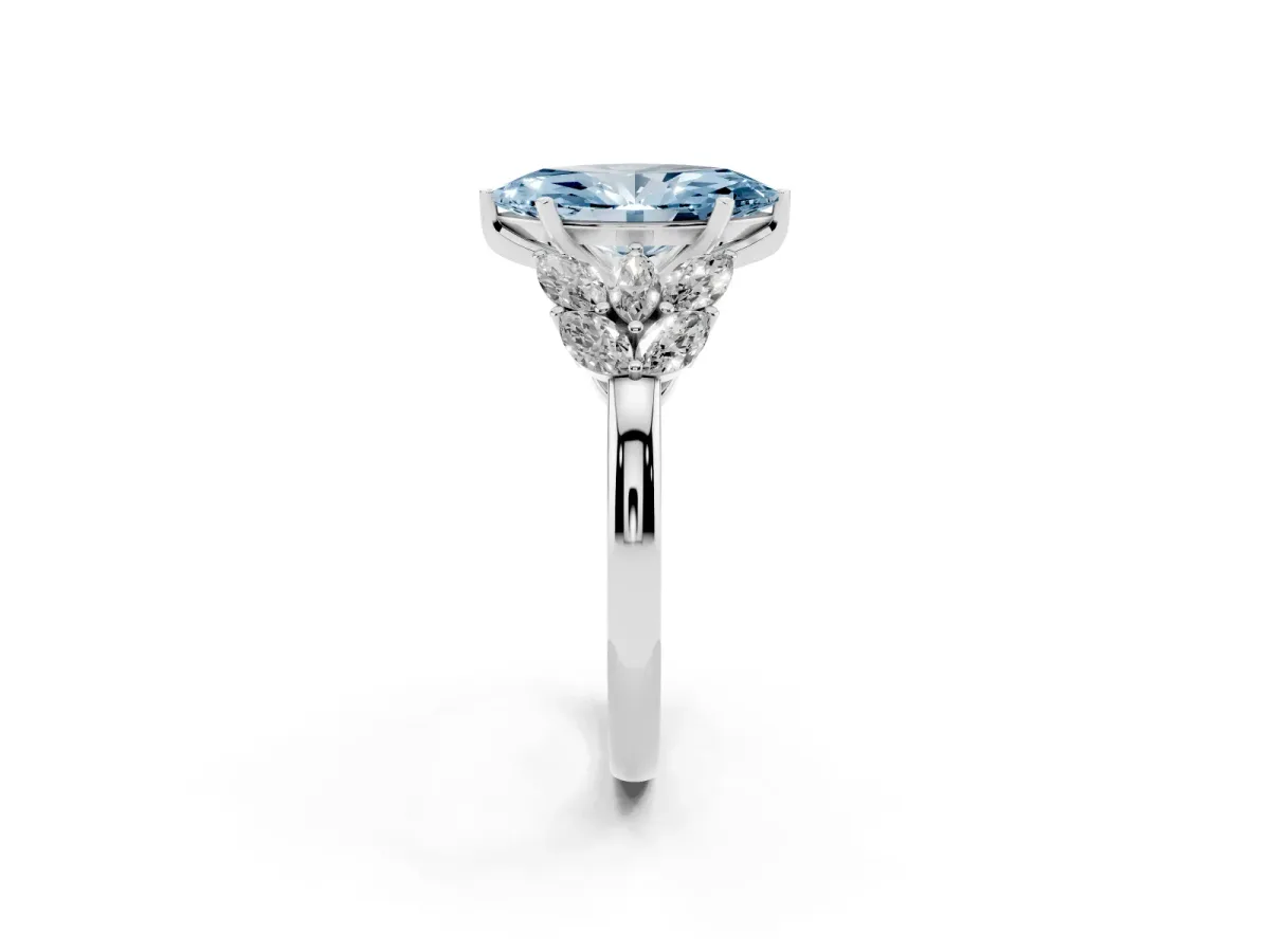 Fancy Blue Marquise Cut Diamond Cluster Leaf Design Ring with Prong Setting Silver