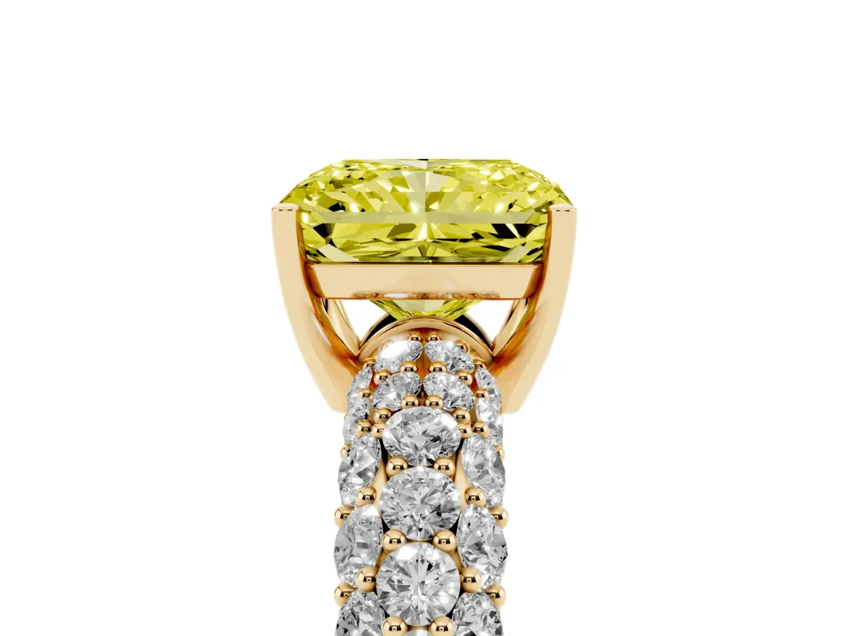 Fancy Yellow Radiant Cut Diamond Pavé Band Solitaire Ring with Four-Prong Setting Yellow gold