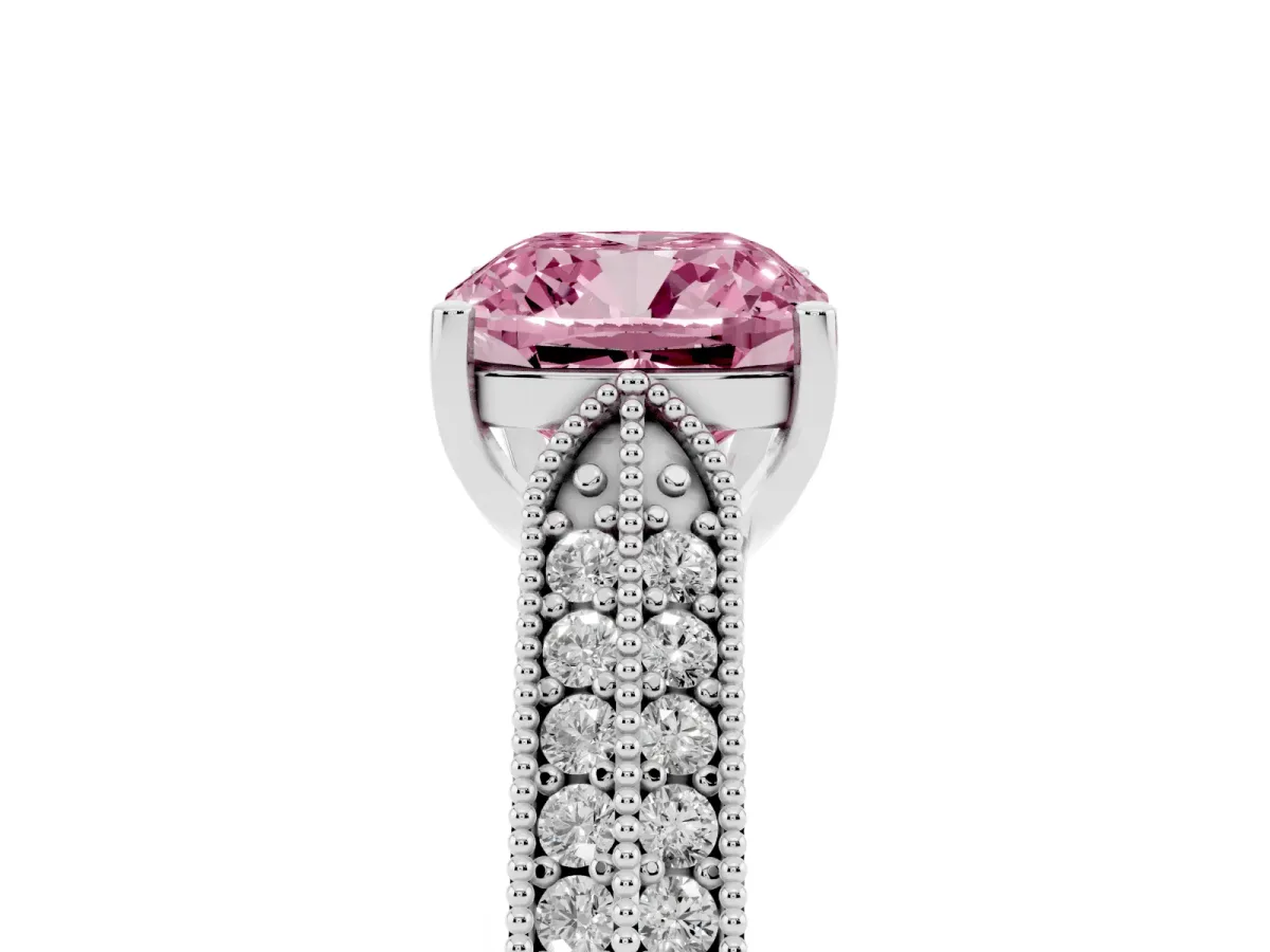 Fancy Pink Cushion Cut Cut Pave Split Shank Engagement Ring with Four-Prong Setting White gold