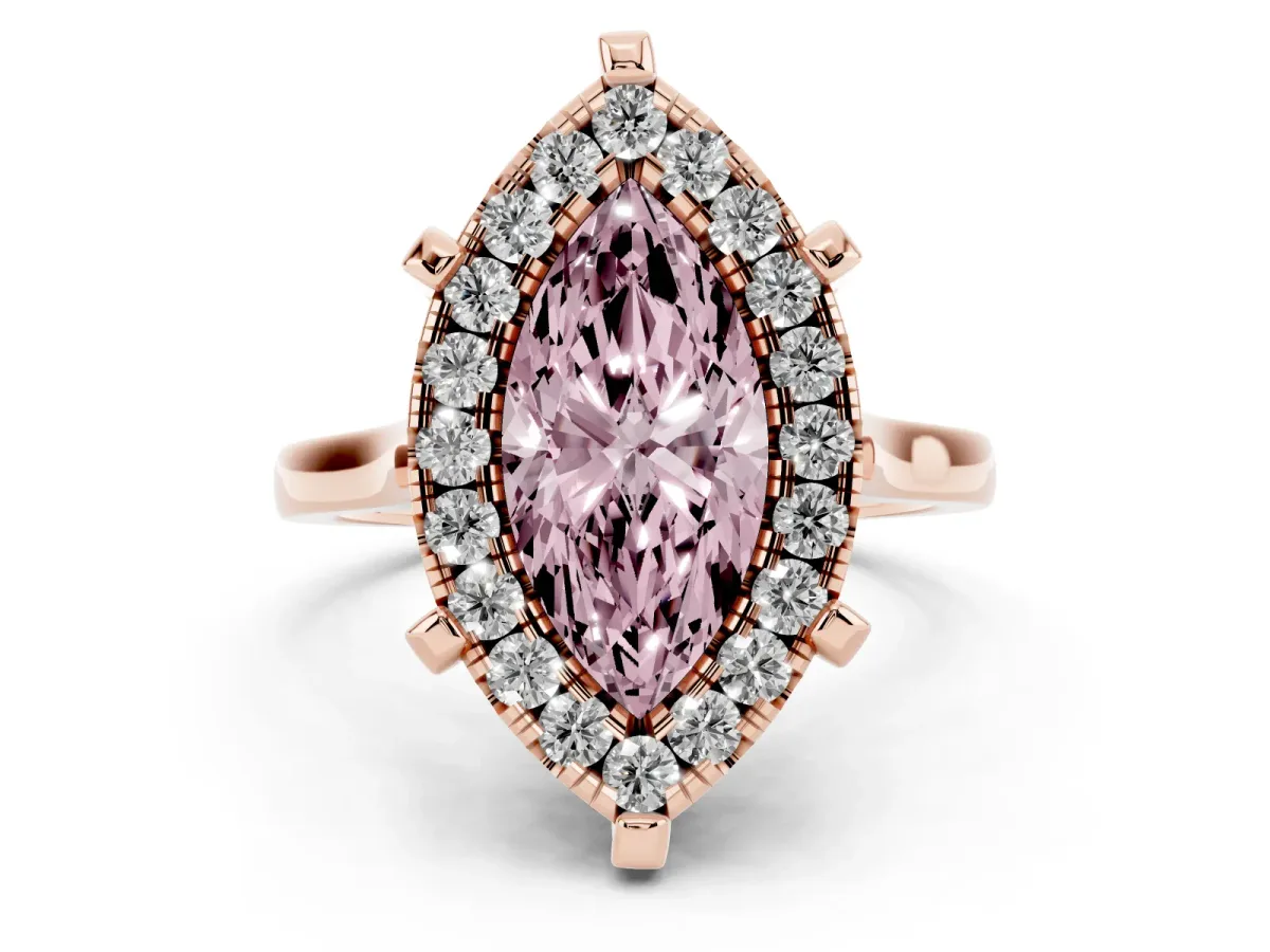 Fancy Pink Marquise Cut Diamond Cluster Halo Solitaire with Four-Prong Setting Rose gold