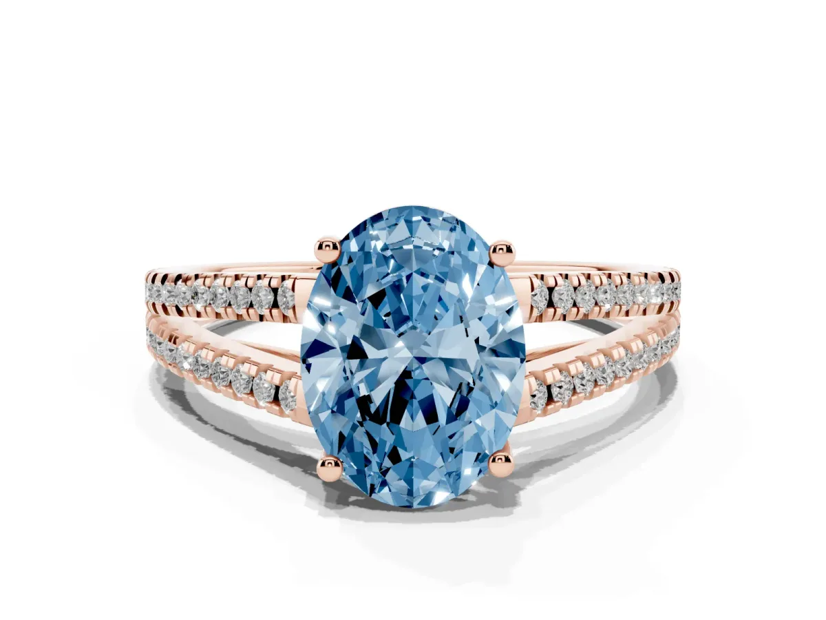 Fancy Blue Oval Cut Diamond Solitaire Engagement Ring with Split Shank Pavé Band Rose gold