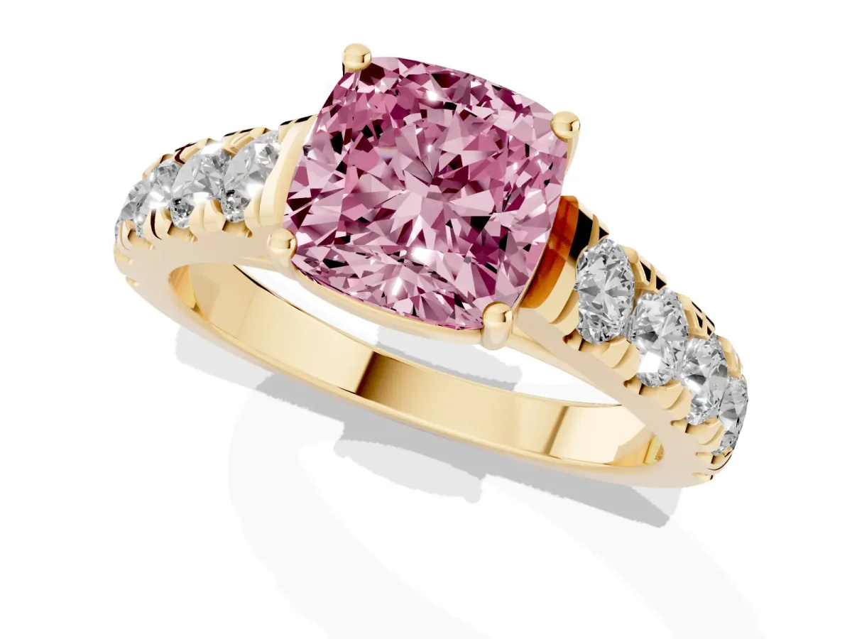 Fancy Pink Cushion Cut Cut Diamond Solitaire Ring with Micro Pave Band and Prong Setting Yellow gold