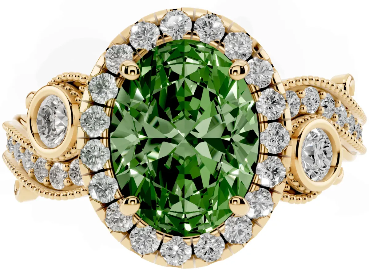 Fancy Green Oval Cut Halo Diamond Ring with Milgrain and Bezel Accents on a Split Shank Band Yellow gold