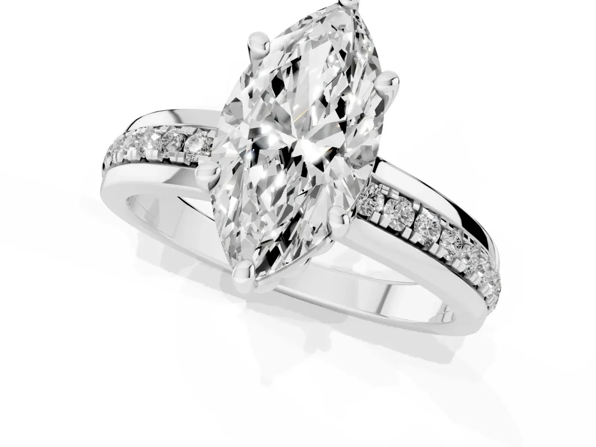 Marquise Cut Solitaire Diamond Ring with Channel Set Band and Six-Prong Setting Silver