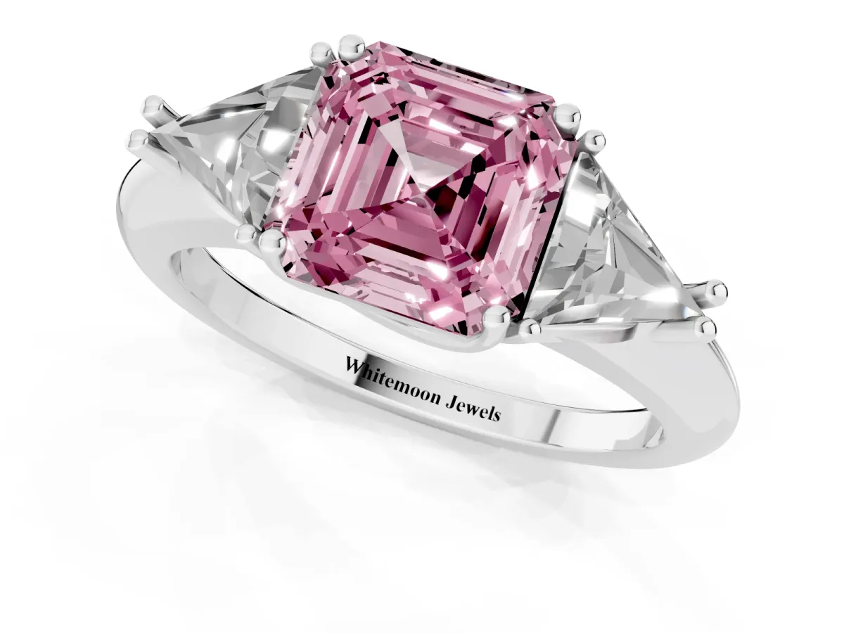 Fancy Pink Three-Stone Asscher Cut Diamond Engagement Ring with Trillion Side Stones and Prong Setting Silver