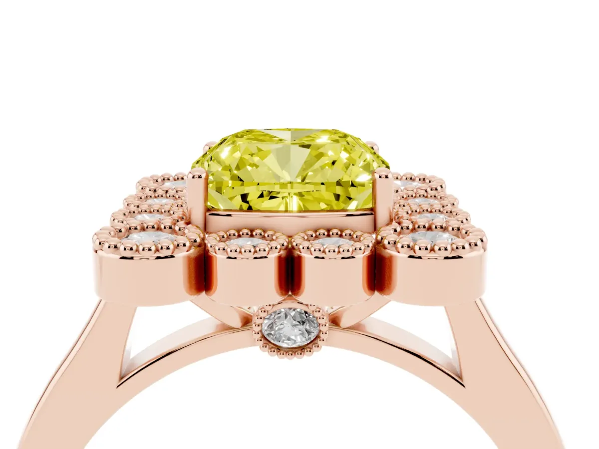 Fancy Yellow Cushion Cut Halo Diamond Cluster Engagement Ring with Milgrain Bezel Setting and Solitaire Band Rose gold