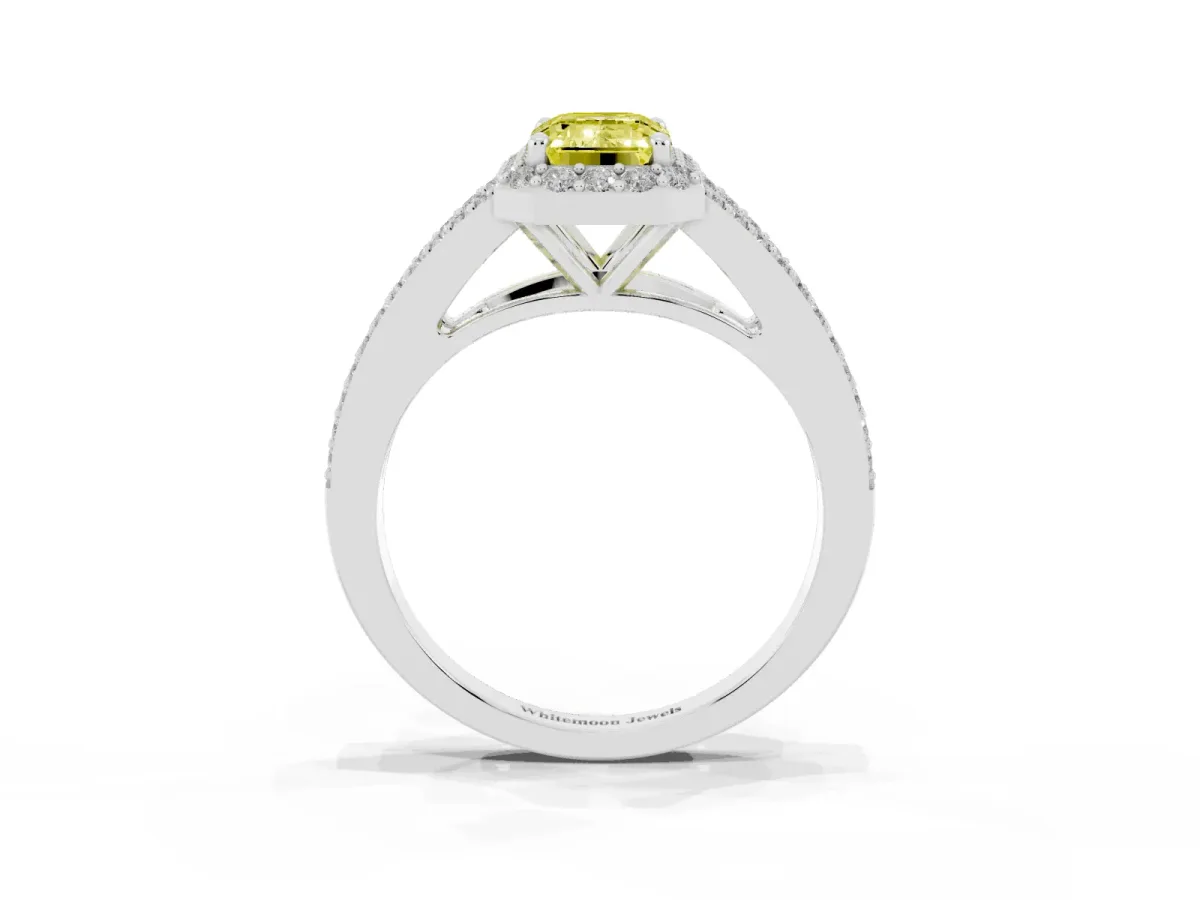 Fancy Yellow Emerald Cut Halo Split Shank Diamond Ring with Prong Setting Platinum