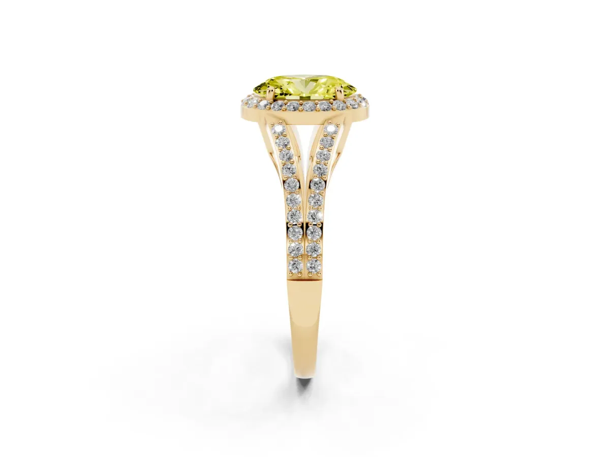 Fancy Yellow Oval Cut Halo Split Shank Diamond Ring with Prong Setting Yellow gold