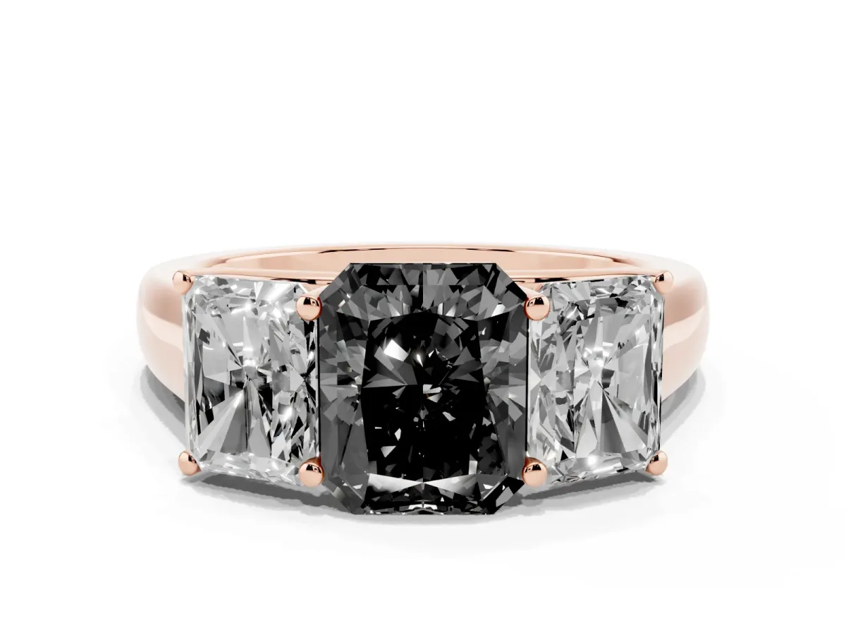 Fancy Black Radiant Cut Three-Stone Diamond Ring with Prong Setting on a Classic Band Rose gold