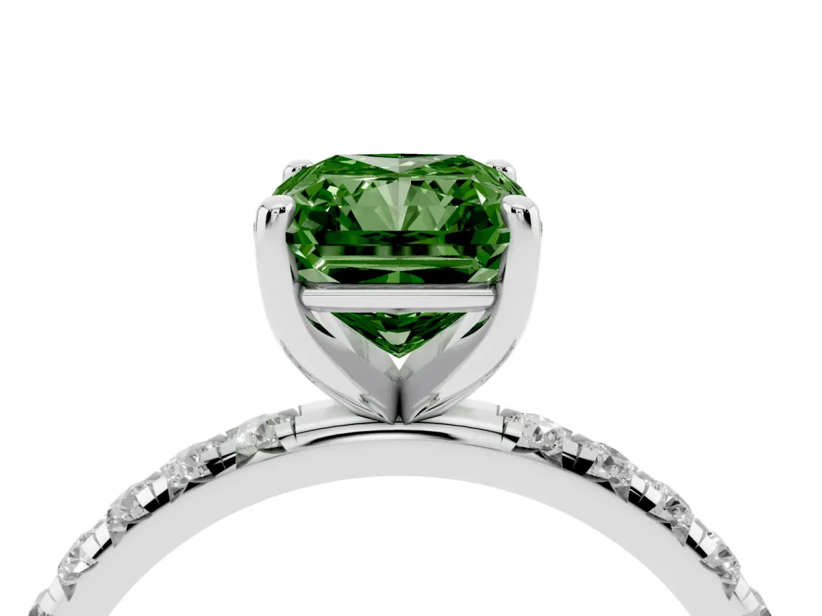 Fancy Green Radiant Cut Cut Diamond Solitaire Ring with Micro Pave Band and Four Prong Setting Platinum