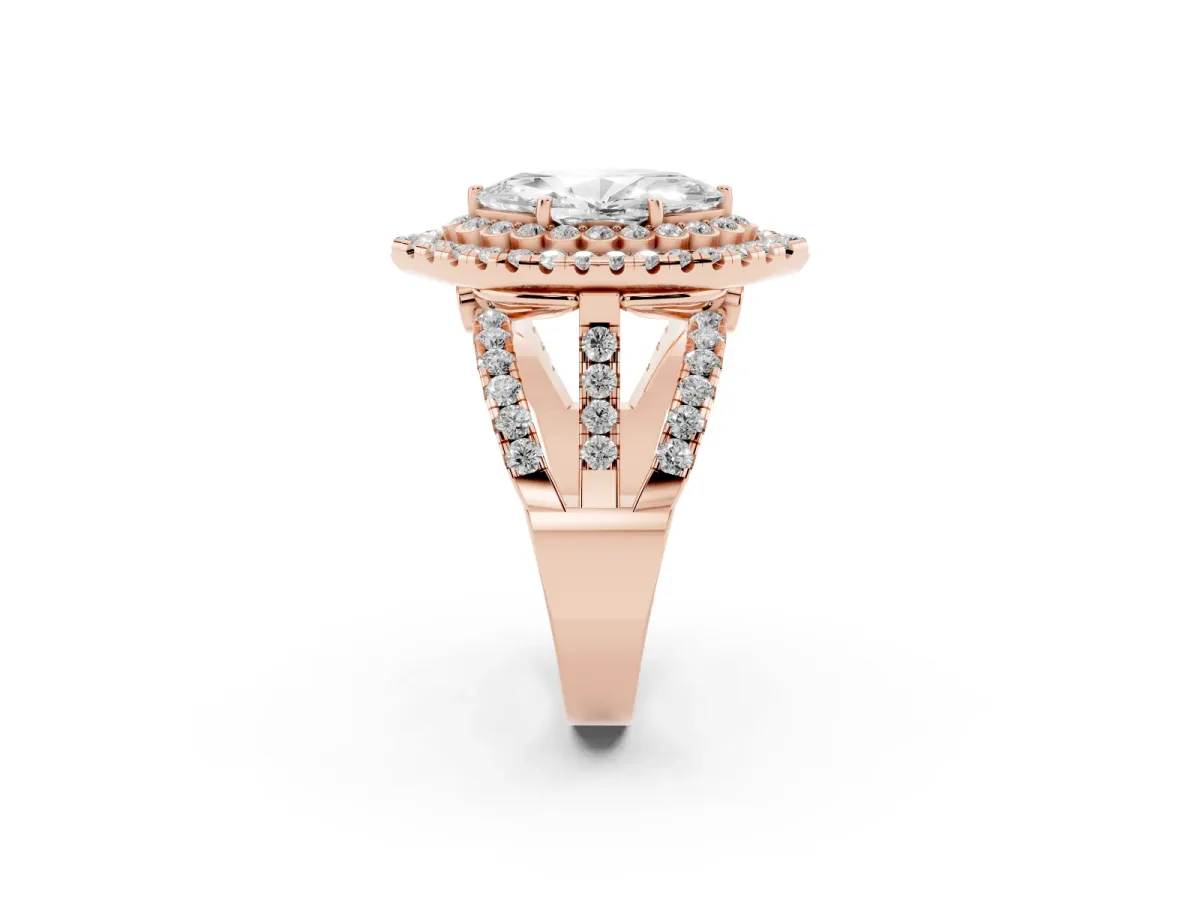 Marquise Cut Diamond Double Halo Ring with Round Pavé Split Shank and Prong Setting Rose gold