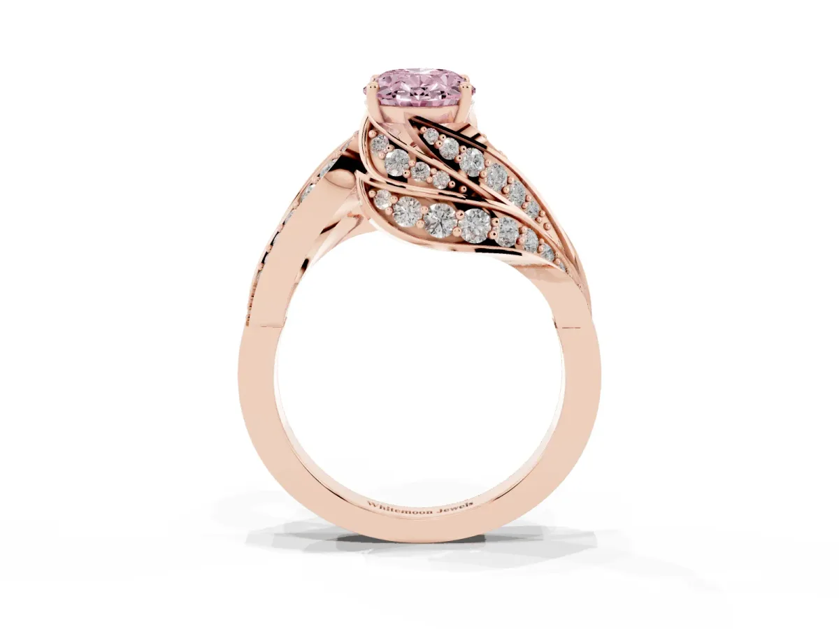Fancy Pink Oval Cut Diamond Solitaire Ring with Prong Setting and Twisted Pavé Band Rose gold