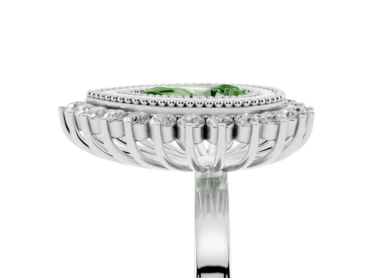 Fancy Green Pear Cut Halo Diamond Ring with Milgrain Edge and Round Prong Setting Silver