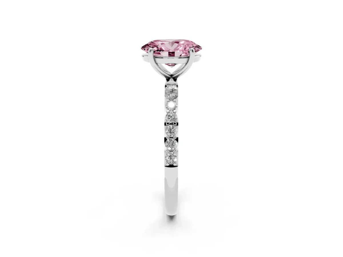 Fancy Pink Oval Cut Diamond Solitaire Ring with Round Pavé Shoulders and Prong Setting Silver