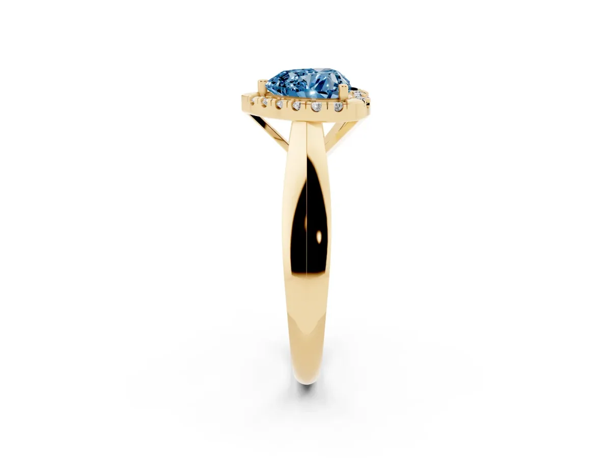 Fancy Blue Heart Cut Cut Halo Solitaire Engagement Ring with Square Band and Four-Prong Setting Yellow gold