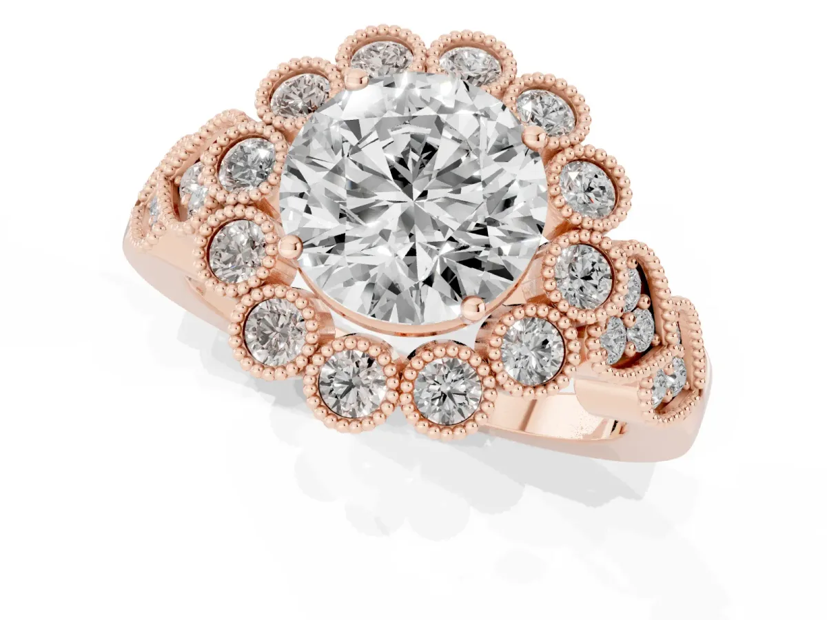 Round Cut Brilliant Milgrain Pave Heart Band Solitaire Ring Rose gold