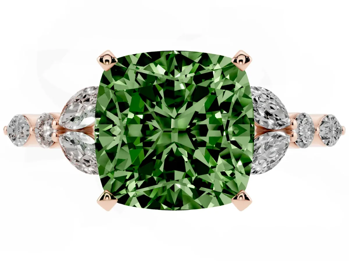 Fancy Green Cushion Cut Diamond Solitaire Ring with Side Stones and Four-Prong Setting Rose gold