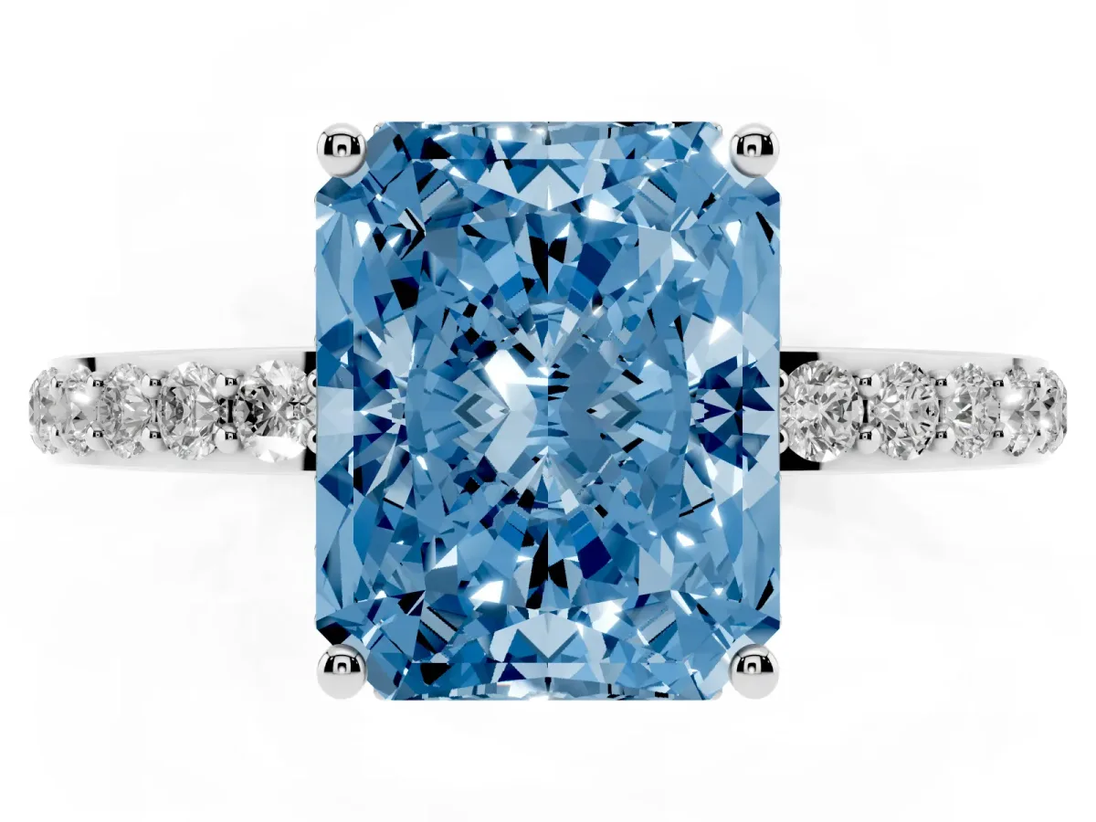 Fancy Blue Radiant Cut Diamond Solitaire Ring with Pavé Band and Hidden Halo Silver