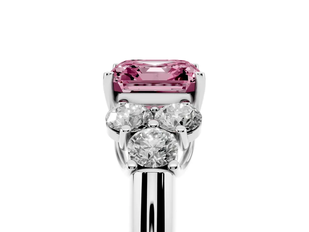 Fancy Pink Asscher Cut Cut Diamond Cluster Ring with Round Accent Stones and Prong Setting on a Classic Band White gold